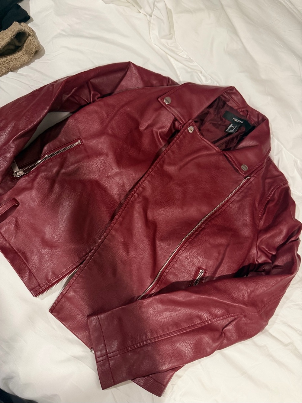 Forever 21 Women's Burgundy Faux Leather Moto Jacket